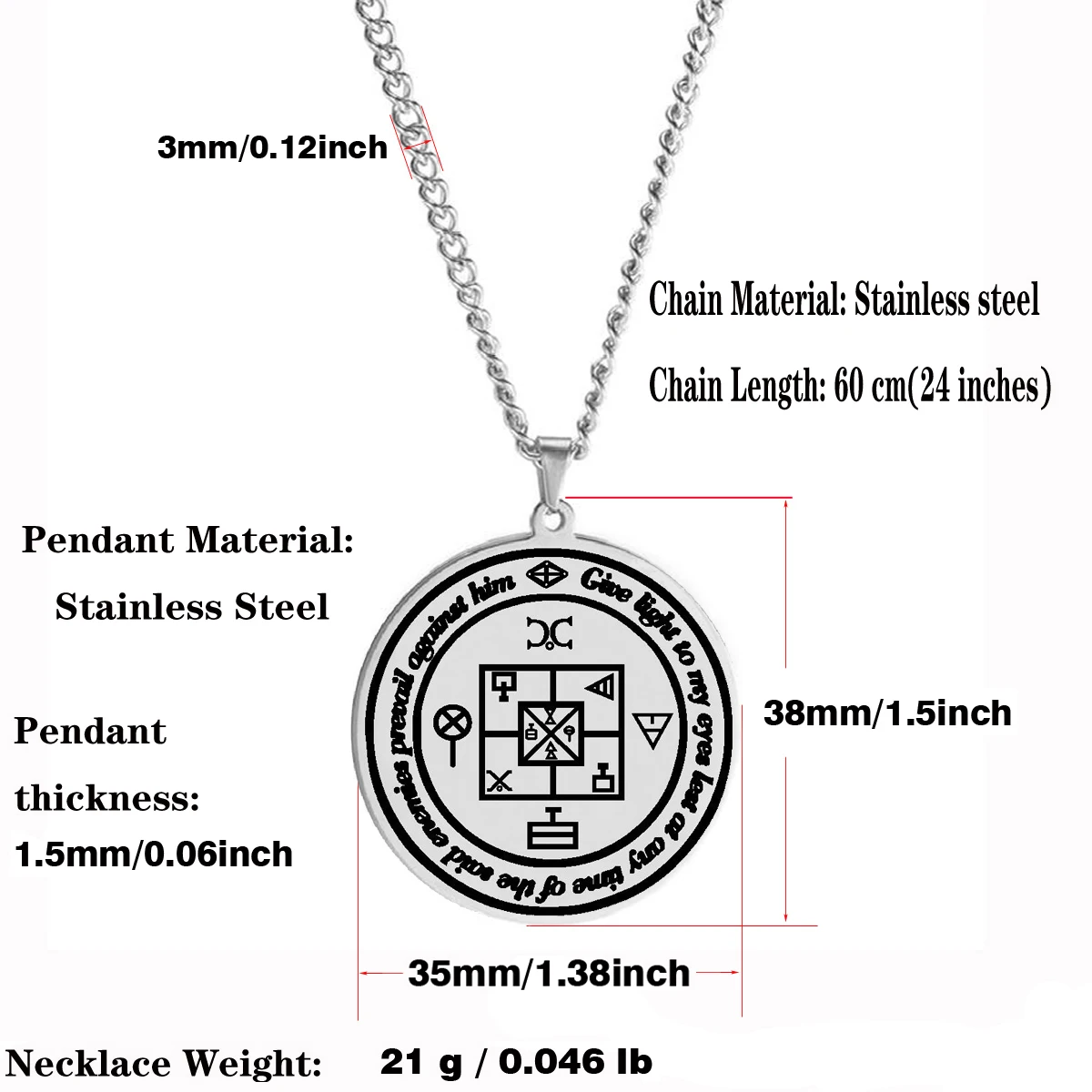 amulette-chance-gambling-dimensions-acier-inoxydable-argent Amulette de Chance Gambling en acier inoxydable argenté avec dimensions, poids et informations de chaîne.