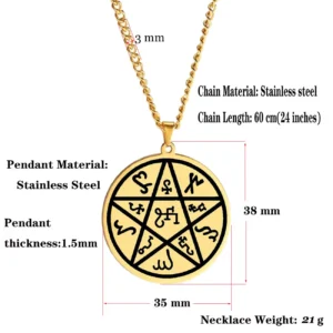 Amulette Étoile de la Terre Pentacle Wicca en acier inoxydable avec dimensions, symbole de protection spirituelle et de connexion aux éléments naturels.