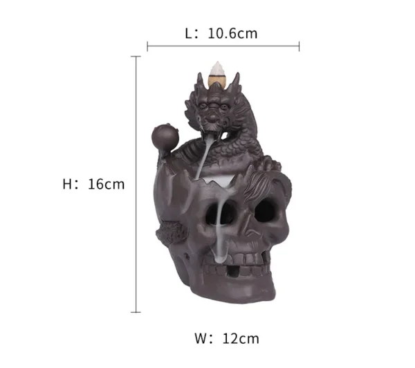 Dimensions du brûleur d'encens à reflux LED avec dragon et crâne en céramique, hauteur 16 cm, largeur 12 cm