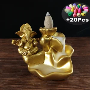 Brûleur d'encens à reflux doré avec statue de Ganesha et cônes d'encens, pour méditation et relaxation