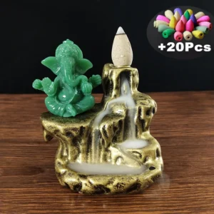 Brûleur d'encens à reflux en résine avec statue verte de Ganesha, cascade de fumée et 20 cônes d'encens colorés
