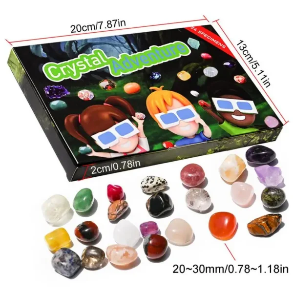 Dimensions du Calendrier de l'Avent Crystal Adventure 2024 et des cristaux inclus, mesurant 20 cm x 13 cm pour la boîte, avec des pierres de 20 à 30 mm.