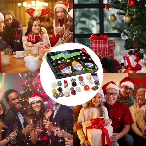 Famille et amis partageant le Calendrier de l'Avent Cristal Naturel 2024, avec 24 cristaux pour une découverte festive et éducative pendant Noël.