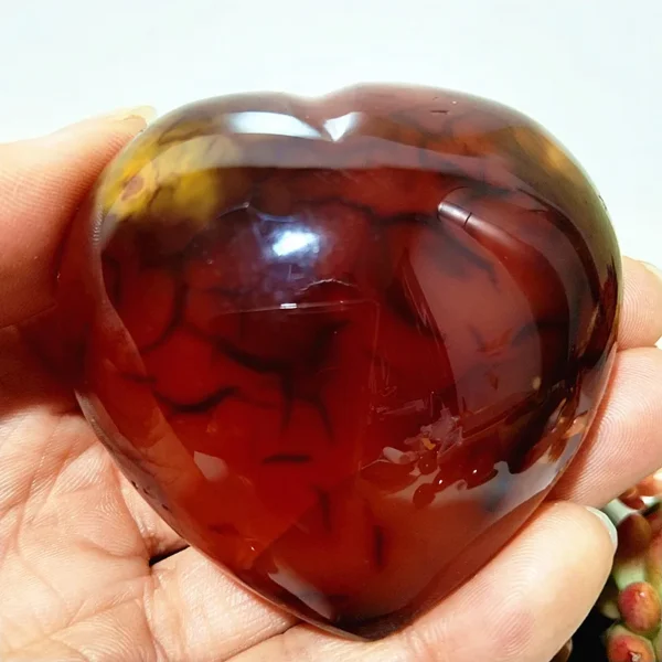 Cœur en agate rouge foncé naturelle, pierre de calme et d'énergie, avec des motifs organiques, tenu en main