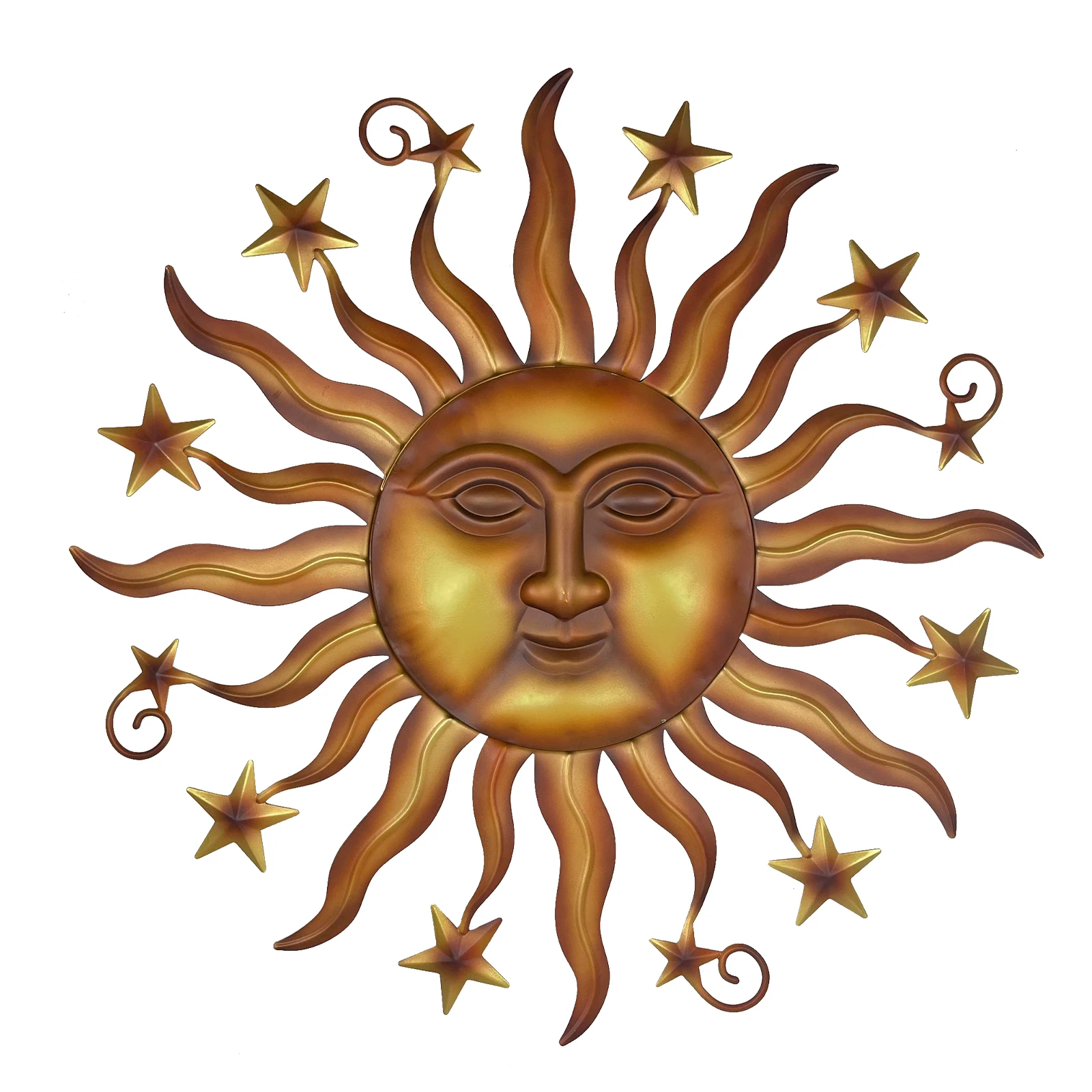 decoration-murale-metal-soleil-3d-gros-plan Gros plan de la décoration murale en métal en forme de soleil 3D avec finitions dorées et étoiles.