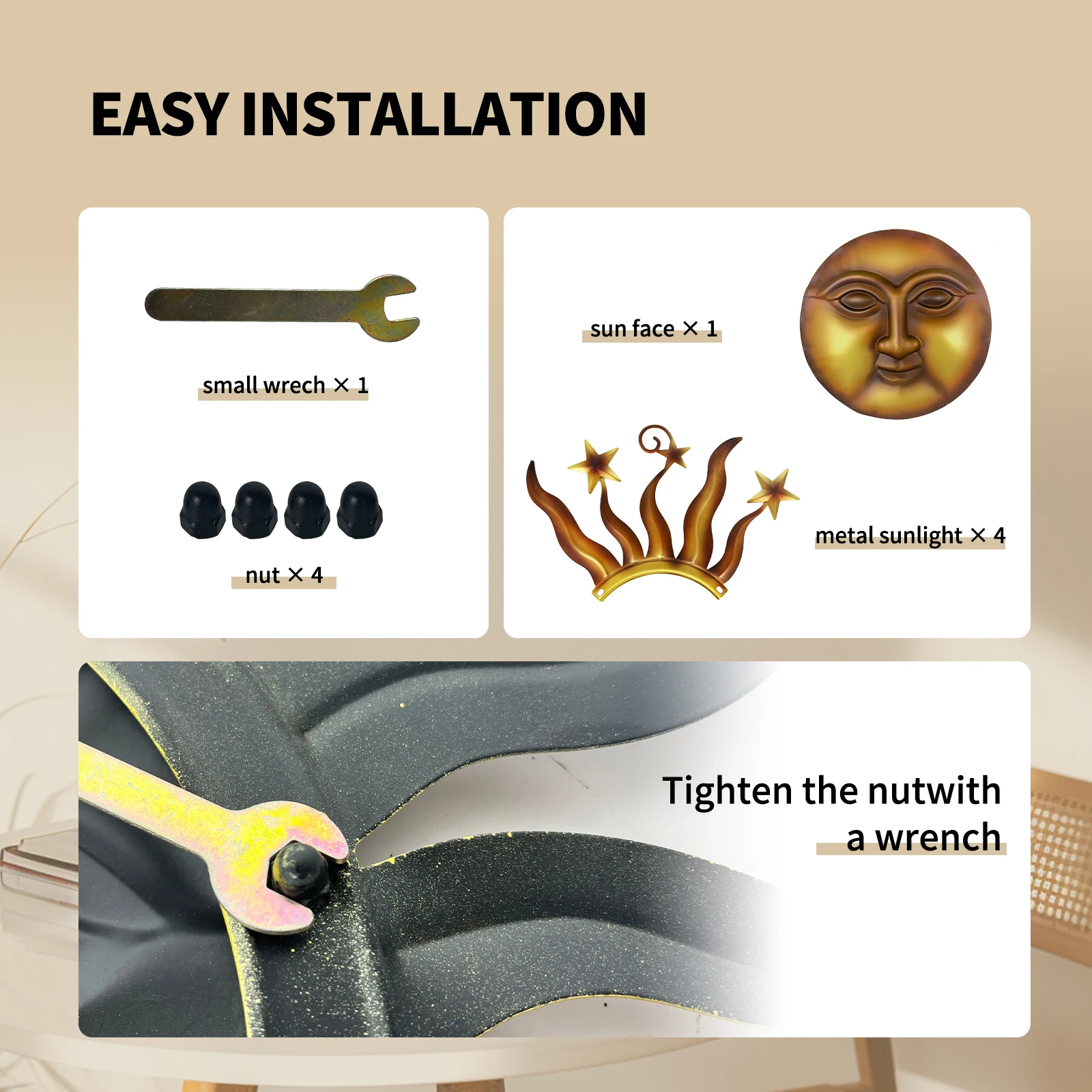 decoration-murale-metal-soleil-3d-installation-facile Instructions d'installation pour la décoration murale en métal soleil 3D avec outils et pièces inclus.