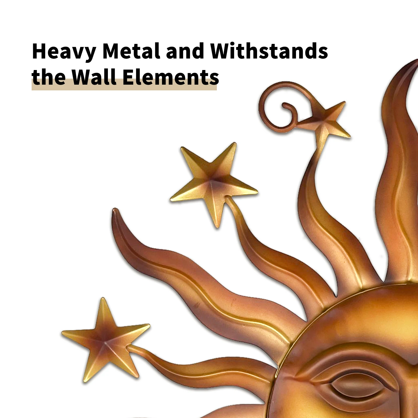 decoration-murale-metal-soleil-3d-solide-durable Gros plan de la décoration murale en métal en forme de soleil, durable et résistante aux éléments extérieurs.