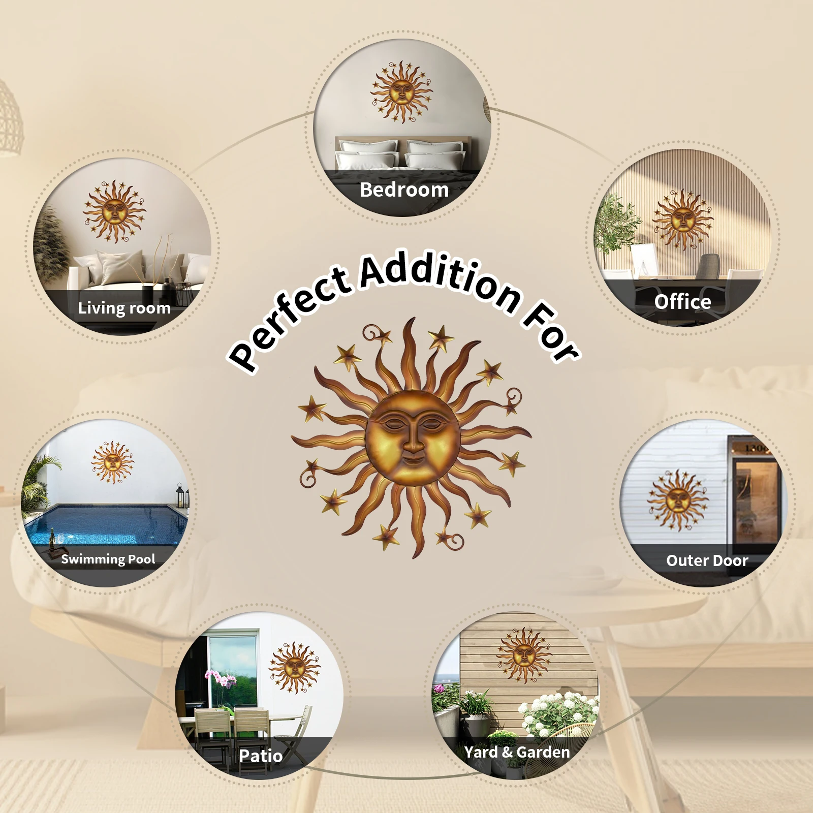 decoration-murale-metal-soleil-3d-usage-multiple Décoration murale en métal en forme de soleil 3D, idéale pour le salon, chambre, bureau, patio, piscine et jardin.