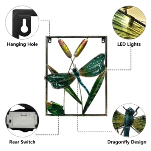 Détails de la décoration murale libellule : trou d'accrochage, lumières LED, interrupteur arrière et design en forme de libellule