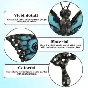 Détails de la décoration murale en métal papillon bleu : motifs détaillés, matériau de haute qualité, peinture colorée.