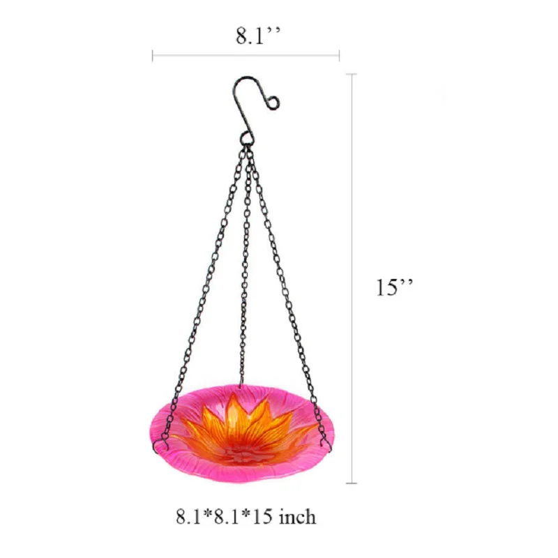 Dimensions de la mangeoire à oiseaux suspendue en forme de fleur : diamètre de 8,1 pouces et hauteur de 15 pouces avec crochet.