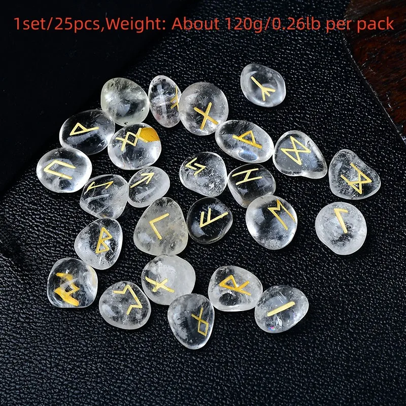 Ensemble de 25 runes en quartz clair naturel, gravées pour divination et méditation, poids 120g par set