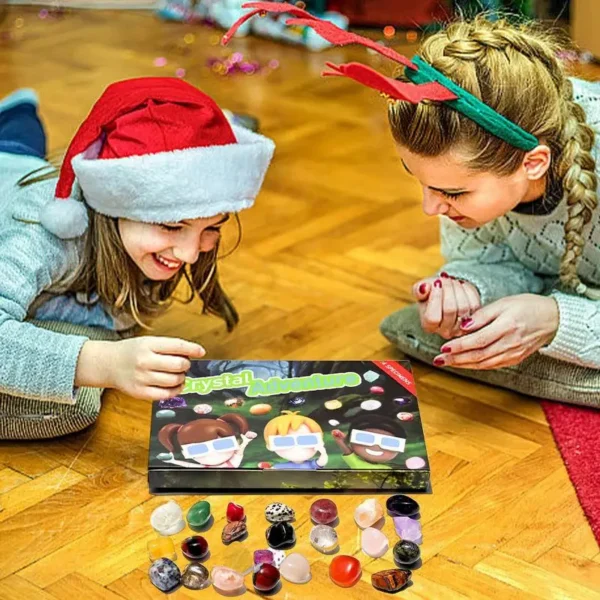 Mère et fille découvrant le Calendrier de l'Avent Cristal Naturel 2024, un calendrier avec 24 pierres et cristaux pour une activité de Noël éducative et ludique