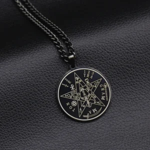 Pendentif amulette Pentagramme de Salomon en acier inoxydable noir, chaîne double pour un style spirituel et protecteur
