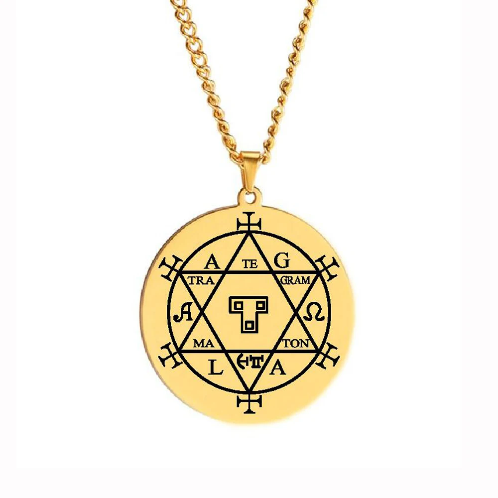 pendentif-pentagonal-asterion-sceau-salomon-acier-dore. Pendentif Pentagonal d'Astérion en acier inoxydable doré avec Sceau de Salomon, symbole de protection et sagesse.