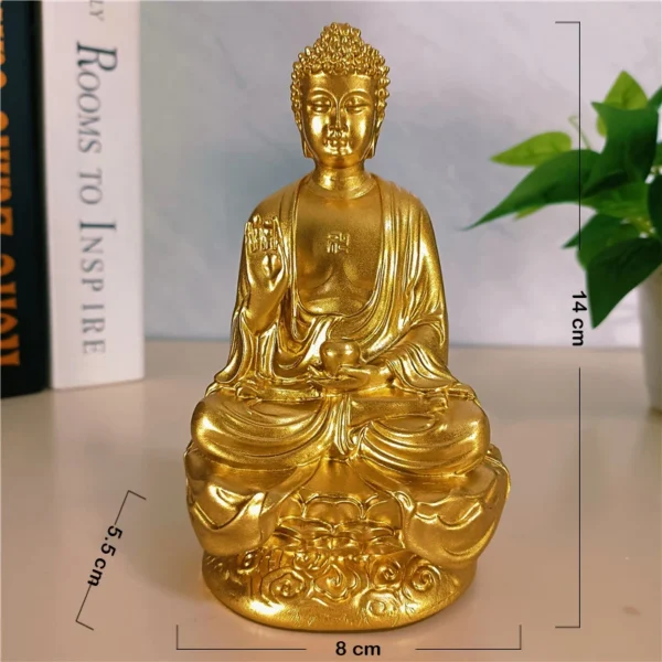 tatue de Bouddha en résine dorée avec dimensions : 14 cm de hauteur, 8 cm de largeur, idéale pour la décoration Feng Shui