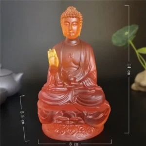 Statue de Bouddha en résine translucide avec dimensions : hauteur 14 cm, largeur 8 cm, décoration Feng Shui et méditative