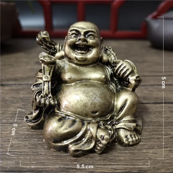 Statue de Bouddha Rieur Maitreya en résine dorée, dimensions 5 cm de hauteur et 5,5 cm de largeur, symbole de prospérité.