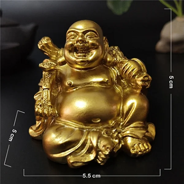 Statue de Bouddha Rieur Maitreya en résine dorée, dimensions 5,5 cm de largeur et 5 cm de hauteur, symbole de prospérité et de bonheur.
