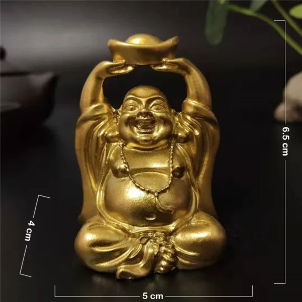 Statue de Bouddha Rieur Maitreya en résine dorée, dimensions 6,5 cm de hauteur, 5 cm de largeur.