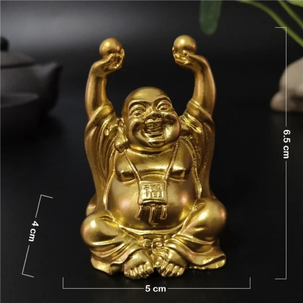 Statue de Bouddha Rieur Maitreya en résine dorée avec dimensions indiquées, 6,5 cm de hauteur.