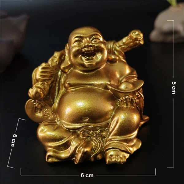 Statue de Bouddha Rieur Maitreya en résine dorée, dimensions 6 cm de largeur, 5 cm de hauteur.
