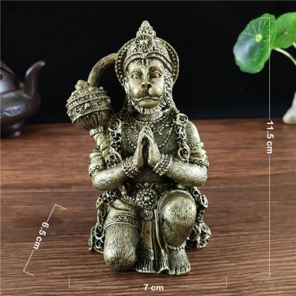 Statue de Hanuman en résine couleur bronze, hauteur 11,5 cm, vue de face avec détails de prière et massue.