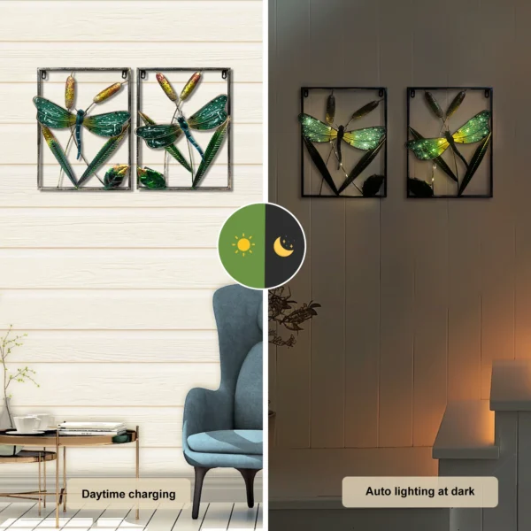 Tableau décoratif mural libellule en métal et verre avec LED solaire, affichage jour et nuit