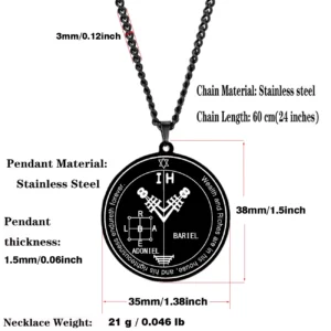 Talisman ADONIEL BARIEL en acier inoxydable avec spécifications techniques : dimensions 38 mm x 35 mm, chaîne de 60 cm, poids 21 g.