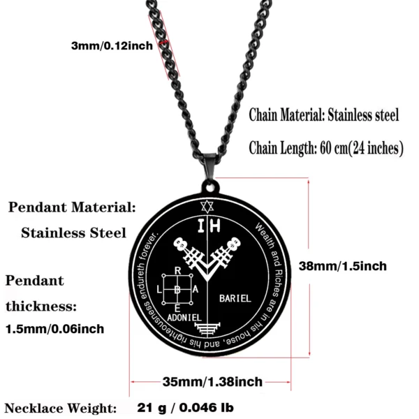 Talisman ADONIEL BARIEL en acier inoxydable avec spécifications techniques : dimensions 38 mm x 35 mm, chaîne de 60 cm, poids 21 g.