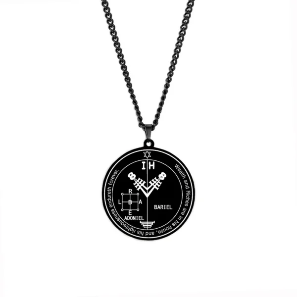 Talisman ADONIEL BARIEL, quatrième pentacle de Jupiter en acier inoxydable noir avec chaîne.