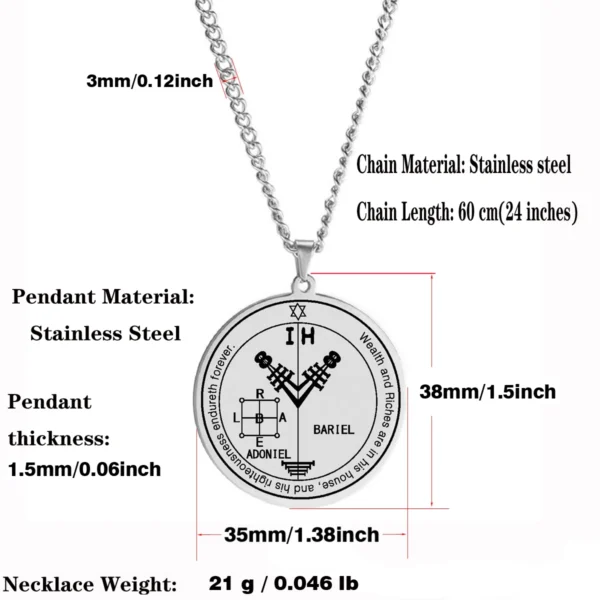 Talisman ADONIEL BARIEL en acier inoxydable avec spécifications détaillées : 38mm x 35mm, chaîne de 60 cm, épaisseur de 1.5mm, poids de 21g.