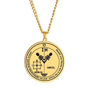 Talisman ADONIEL BARIEL en acier inoxydable doré, gravé du quatrième pentacle de Jupiter de Salomon pour attirer la prospérité, la protection et la stabilité.