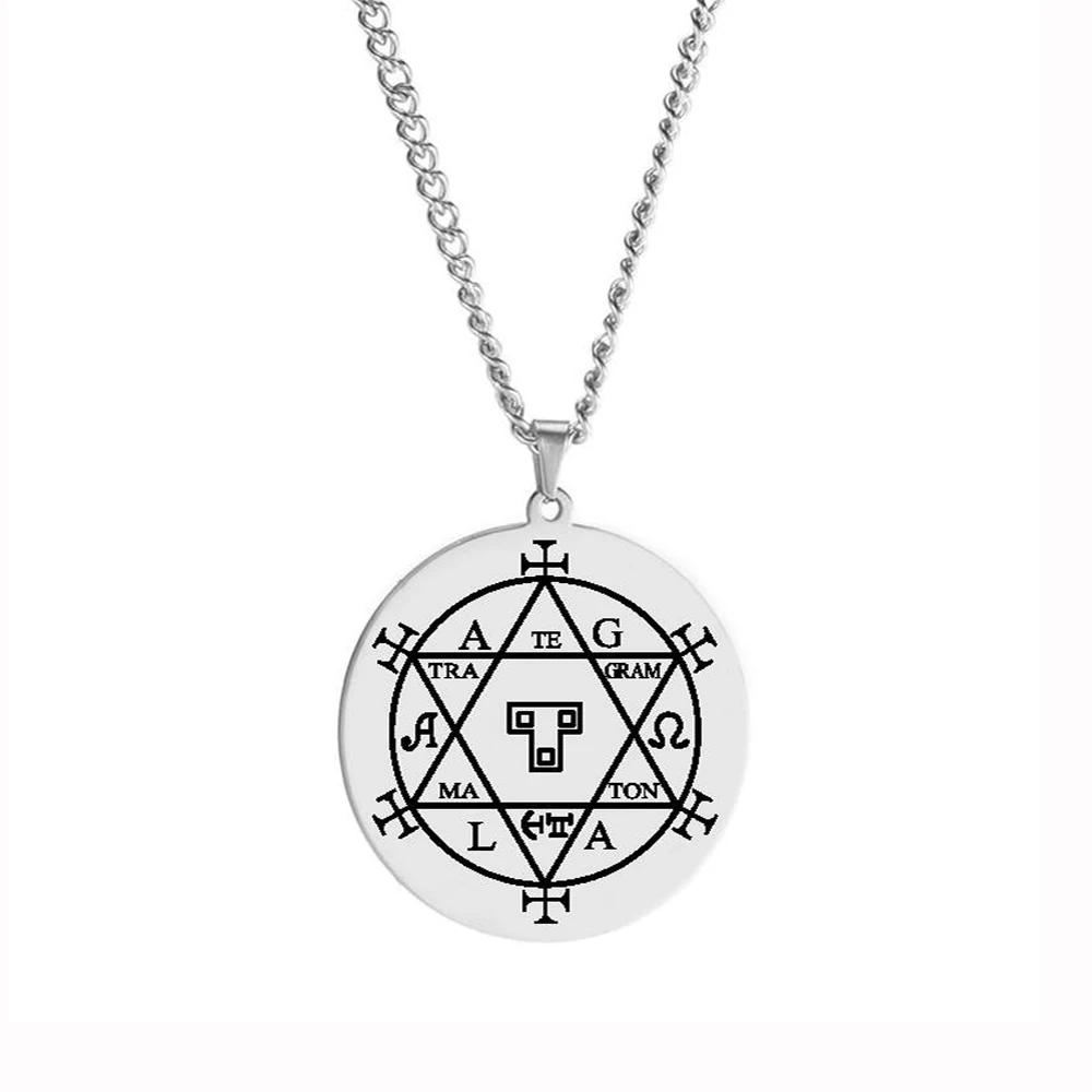 talisman-pentagonal-asterion-sceau-salomon-acier-inoxydable-argente Pendentif Pentagonal d'Astérion en acier inoxydable argenté avec Sceau de Salomon, chaîne en maille argentée pour protection spirituelle.
