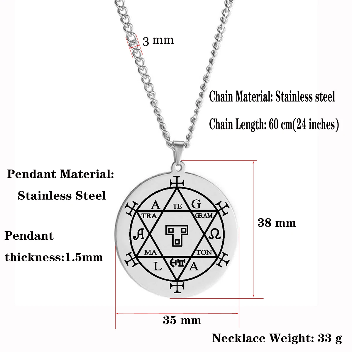 talisman-pentagonal-asterion-sceau-salomon-acier-inoxydable-details. Détails du pendentif Pentagonal d'Astérion en acier inoxydable avec Sceau de Salomon, taille 38 mm avec chaîne de 60 cm.