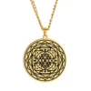 talisman-sri-yantra-chakra-oeil-de-shiva-dore-acier-inoxydable. Pendentif Talisman Sri Yantra en acier inoxydable doré, symbole de prospérité, harmonie spirituelle et énergie positive.