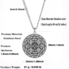 talisman-sri-yantra-oeil-de-shiva-dimensions-acier-argente. Pendentif Talisman Sri Yantra en acier inoxydable argenté, avec dimensions : diamètre de 38 mm, chaîne de 60 cm, poids de 21 g.