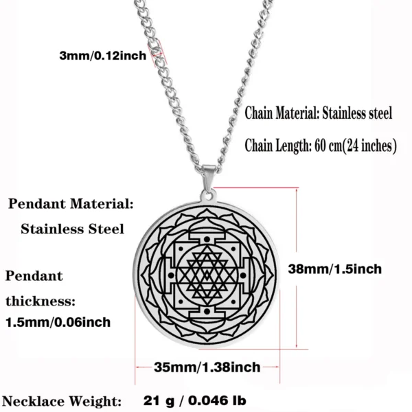 Pendentif Talisman Sri Yantra en acier inoxydable argenté, avec dimensions : diamètre de 38 mm, chaîne de 60 cm, poids de 21 g.