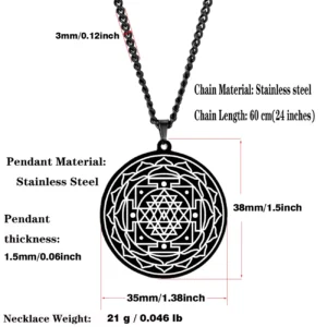 Pendentif Talisman Sri Yantra en acier inoxydable argenté avec face personnalisable pour un message personnel.