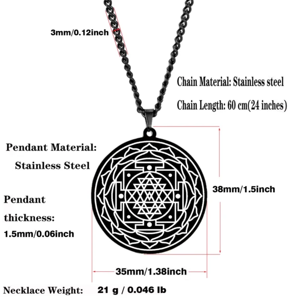 Pendentif Talisman Sri Yantra en acier inoxydable argenté avec face personnalisable pour un message personnel.